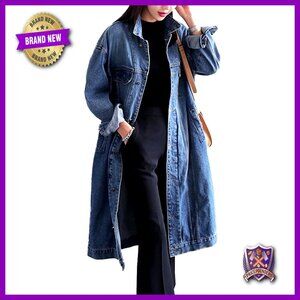 Classic Denim Trench Coat Oversized Plus Size Long Sleeve Button Down Jacket